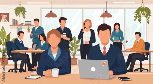Diverse team of business professionals working collaboratively in a modern office setting. Ideal for website banners, brochures, and presentations.