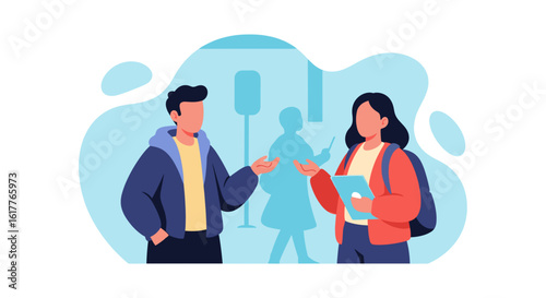 Two young adults having a conversation, ideal for website banners, social media posts, or educational materials.