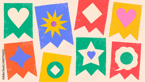 Illustration of colorful festive bunting flags with various shapes and designs on a light background art