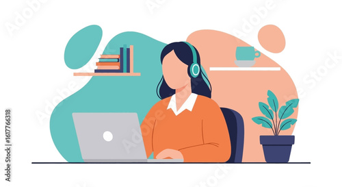 Woman working from home on laptop, wearing headphones. Ideal for website banners, blog posts, or articles about remote work.