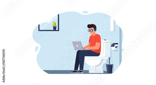 Man working on laptop in bathroom - Illustration for blog post or article about remote work.