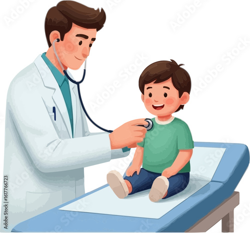 Pediatrician examining a child with stethoscope illustration