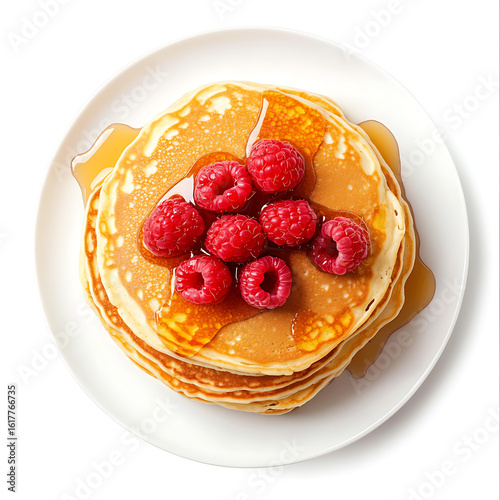 Stack of Pancakes Topped with Raspberries and Syrup on a White Plate
