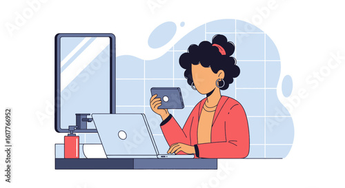 Woman working remotely from home, using laptop and phone.  Perfect for articles on remote work, digital nomadism, or work-life balance.