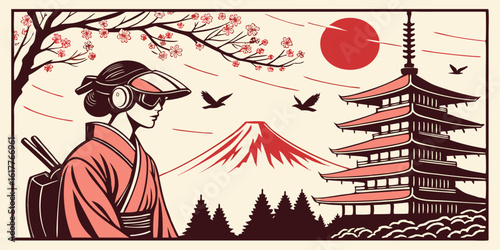 Futuristic Geisha with Mount Fuji and Temple A Blend of Tradition and Modernity Depicted in Art