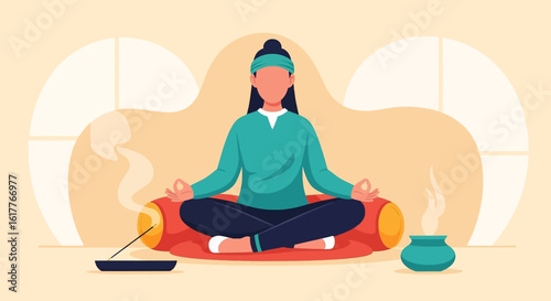 Woman meditating in lotus position, illustration perfect for wellness websites or mindfulness apps.