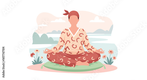 Person meditating peacefully outdoors. Illustration perfect for wellness websites, yoga studios, and mindfulness apps.