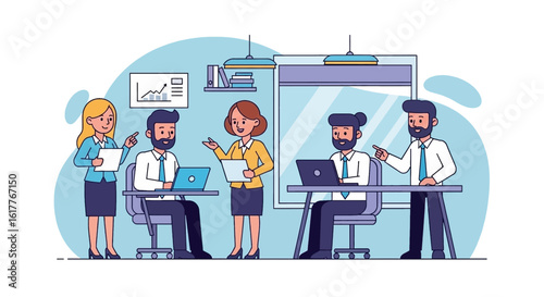 Diverse business team collaborating in modern office. Ideal for website banners, presentations, and marketing materials.
