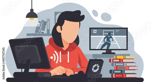 Person working from home, watching sports on a second monitor. Ideal for articles about work-life balance or remote work.