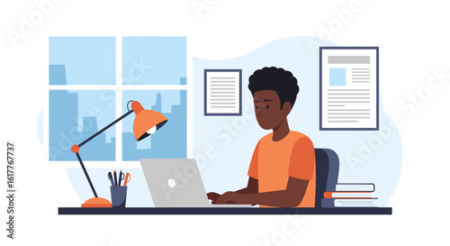 Young man working on laptop at home office, perfect for remote work, freelance, or study illustrations.