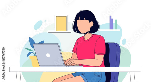 Young woman working on laptop at home, perfect for website banners or blog posts about remote work.