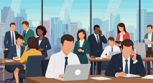 Diverse business team working in modern office with city view. Ideal for website banners, presentations, or brochures.