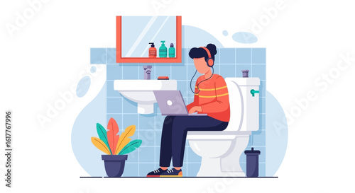 Person working on laptop while sitting on toilet in bathroom, illustration for blog post or article about remote work.