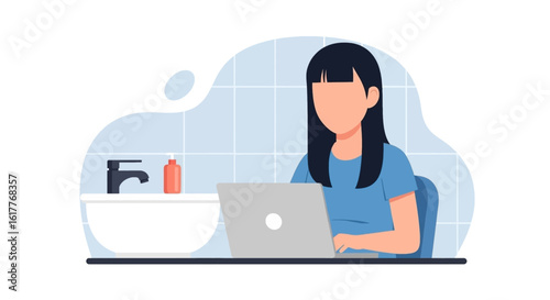 Woman working on laptop in bathroom, perfect for remote work, work from home, or productivity concepts.