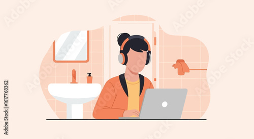 Person working on laptop in bathroom, perfect for articles about work-life balance or remote work.