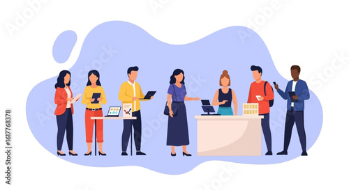 Diverse group of people using tablets and laptops at a tech expo or conference. Ideal for websites, brochures, or presentations on technology and innovation.