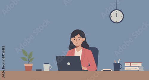Woman working on laptop in modern office, perfect for website banners or business brochures.