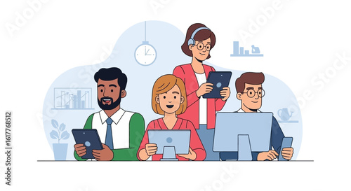 Diverse team of professionals collaborating using tablets and computers; perfect for websites or presentations about teamwork and technology.