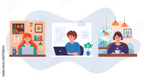 Remote Workers: Illustration of three people working from home, perfect for websites, blogs, and presentations on remote work, work from home, or telecommuting.