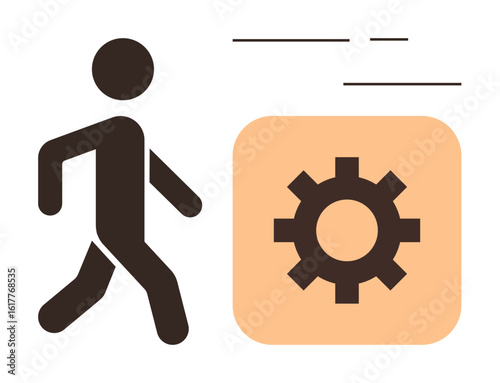 Simplistic figure walking toward a gear inside a square block, conveying movement, system setup, progress, personal growth, case study, work processes, and technical optimization. Ideal for teamwork