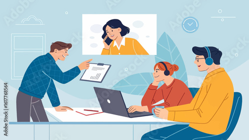 Remote team collaboration: Illustration of colleagues working together on a project, perfect for presentations on teamwork or remote work.