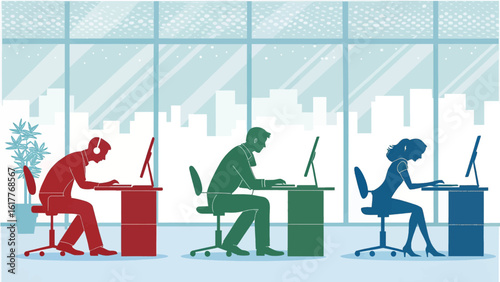 Stylish vector illustration of three colleagues working at their desks in a modern office, perfect for website banners or business presentations.