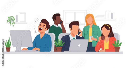 Diverse team of office workers collaborating, laughing, and working on computers. Ideal for websites, presentations, and marketing materials.