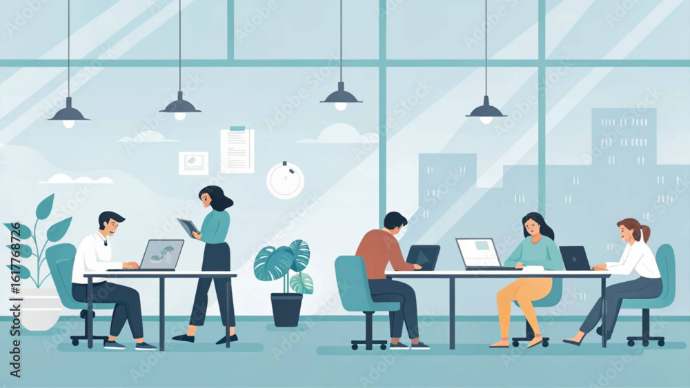 Fototapeta premium Modern Coworking Space: Diverse Team Collaboration, Ideal for Business Websites and Brochures