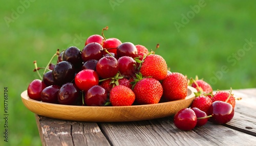 Freshly Picked Cherries and Strawberries in Wooden Bowl on Rustic Table