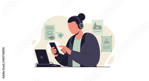 Person using smartphone and laptop, ideal for website banners or app marketing.