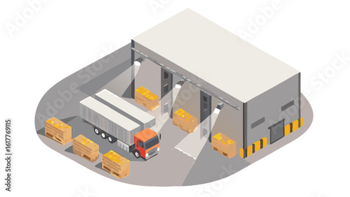 Isometric view of a warehouse with a truck delivering goods and loading dock with cargo boxes shown