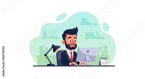 Happy businessman working on computer in office, perfect for website banners or business presentations.