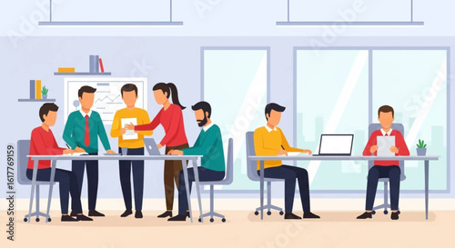 Teamwork in a modern office: Illustration perfect for presentations, website banners, or brochures.