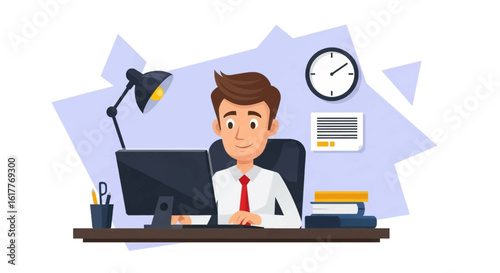 Happy businessman working on computer in office. Perfect for website banners, presentations, and marketing materials.