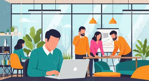 Diverse team collaborating in a modern office, ideal for illustrating teamwork and productivity on a company website or brochure.