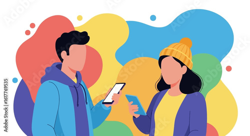Young man and woman using smartphones, colorful illustration for website or app.
