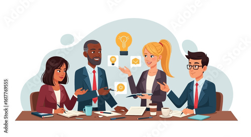 Diverse business team brainstorming new ideas, perfect for presentations on teamwork and collaboration.