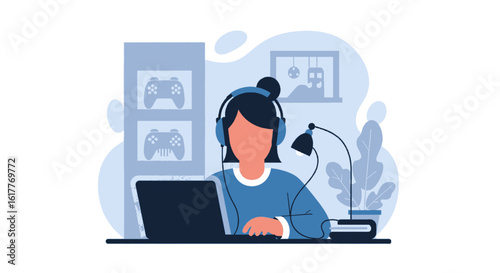 Young woman playing video games on laptop - perfect for blog posts about gaming, technology, or hobbies.