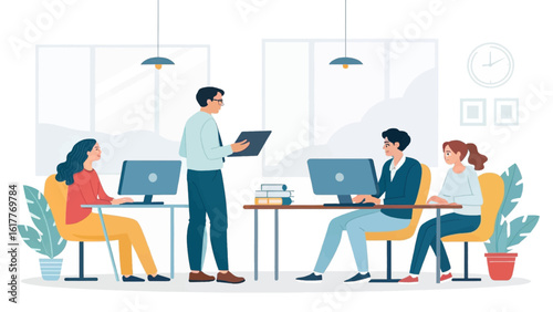 Teamwork in a modern office: A vector illustration perfect for websites, presentations, and brochures.