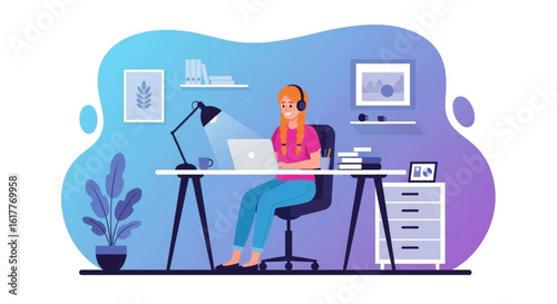 Young woman working from home on laptop, perfect for remote work, online learning, or freelance blog.