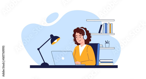 Woman working from home on laptop, perfect for website banners or blog posts about remote work.