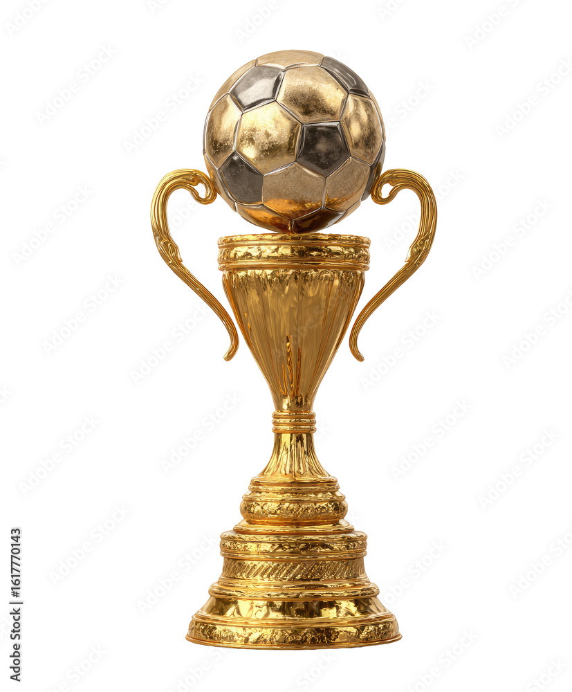 Fototapeta premium Golden soccer trophy. A gold-colored trophy, shaped like a cup, holds a soccer ball. Ornate details on the trophy