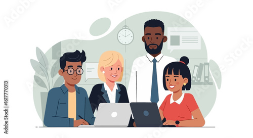 Diverse team of professionals collaborating on laptops, ideal for website banners or business presentations.
