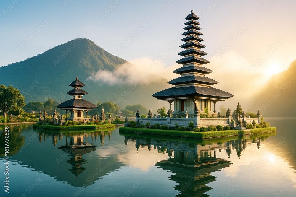 Obraz premium Traditional Asian pagoda temple on serene lake at sunrise with misty mountain in background and soft golden light. Ai generative.
