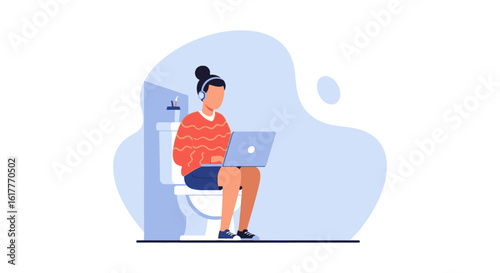 Woman working on laptop while sitting on toilet, perfect for articles about work-life balance or remote work challenges.