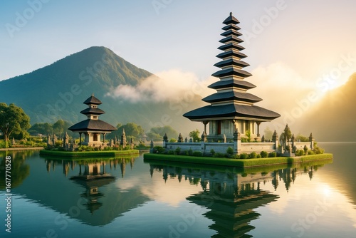 Traditional Asian pagoda temple on serene lake at sunrise with misty mountain in background and soft golden light. Ai generative.