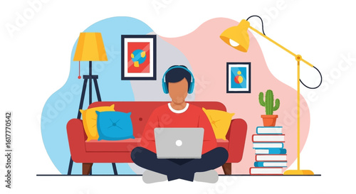 Person working from home on laptop, wearing headphones, illustration for website or blog.