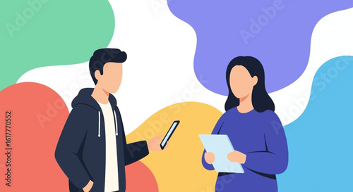 Illustration of two faceless people, a man and a woman, one holding a phone, the other a tablet; perfect for websites and presentations on communication, teamwork, or technology.