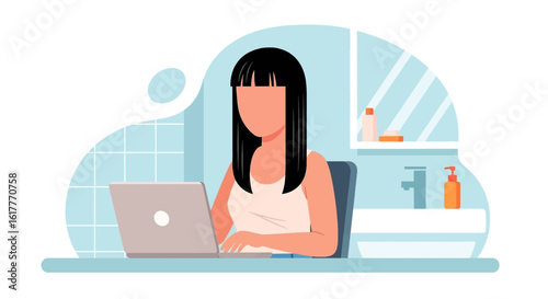 Woman working on laptop in bathroom, perfect for blog post about remote work or work-life balance.