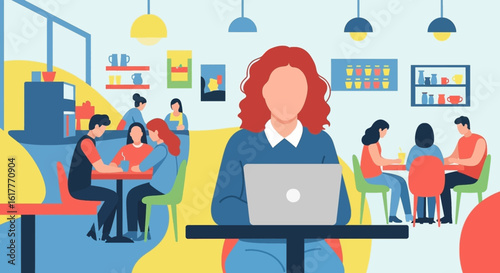 Woman working on laptop in a busy cafe, perfect for website banners or social media posts.